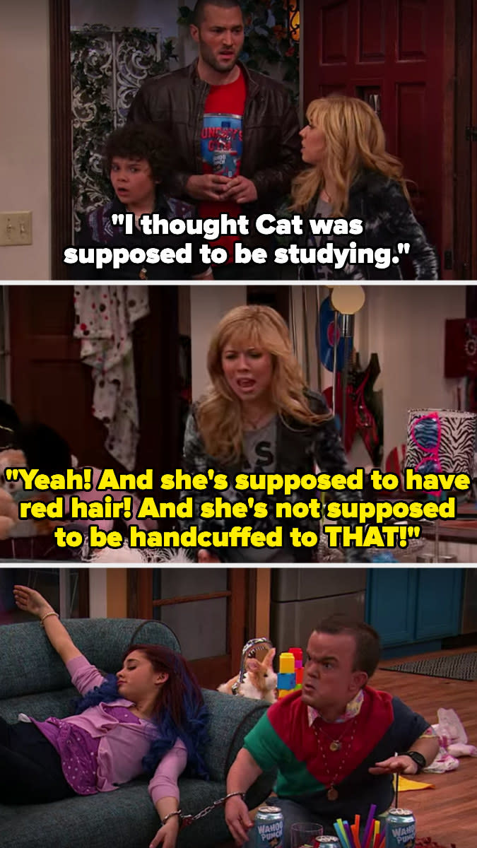 Sam says Cat is supposed to be studying, have red hair, and not supposed to be handcuffed to "that" (referring to a man with dwarfism who is handcuffed to her)