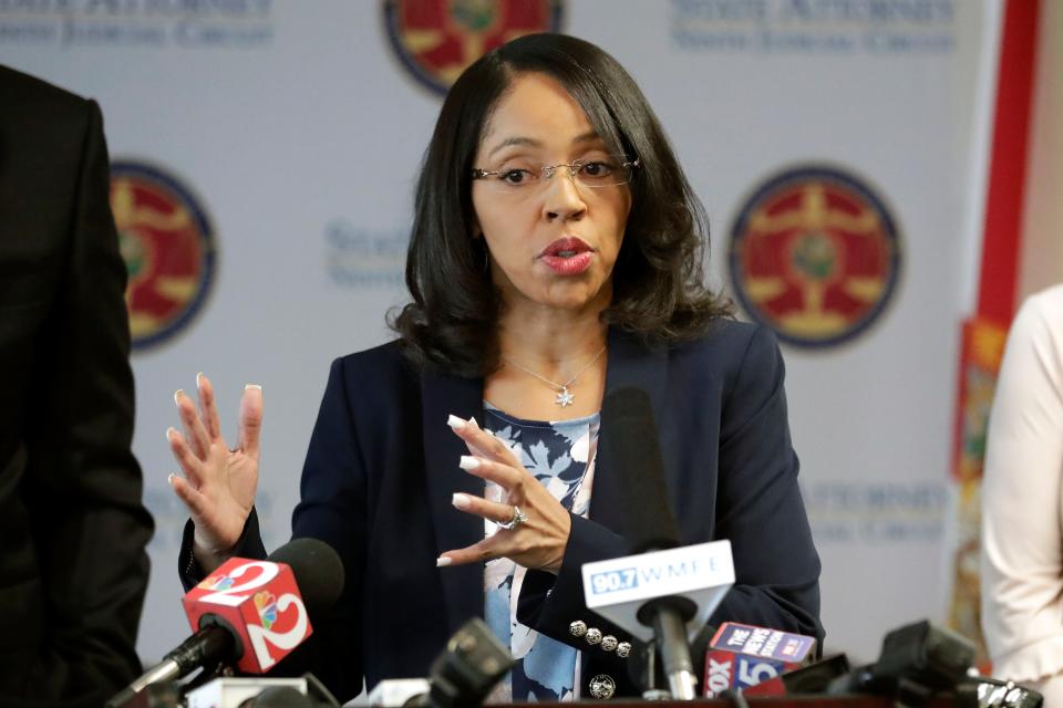 State Attorney Aramis Ayala speaks at a news conference Monday, Sept. 23, 2019, in Orlando, Fla. She confirmed that her office would not prosecute two 6-year-old students that were arrested by an Orlando police officer last week.