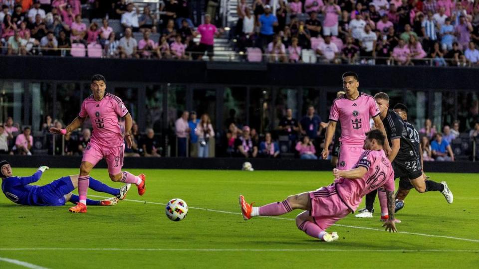 Inter Miami forward Lionel Messi (10) scores a goal in the first half of an MLS match against Nashville SC at Chase Stadium on Saturday, April 20, 2024, in Fort Lauderdale, Fla.