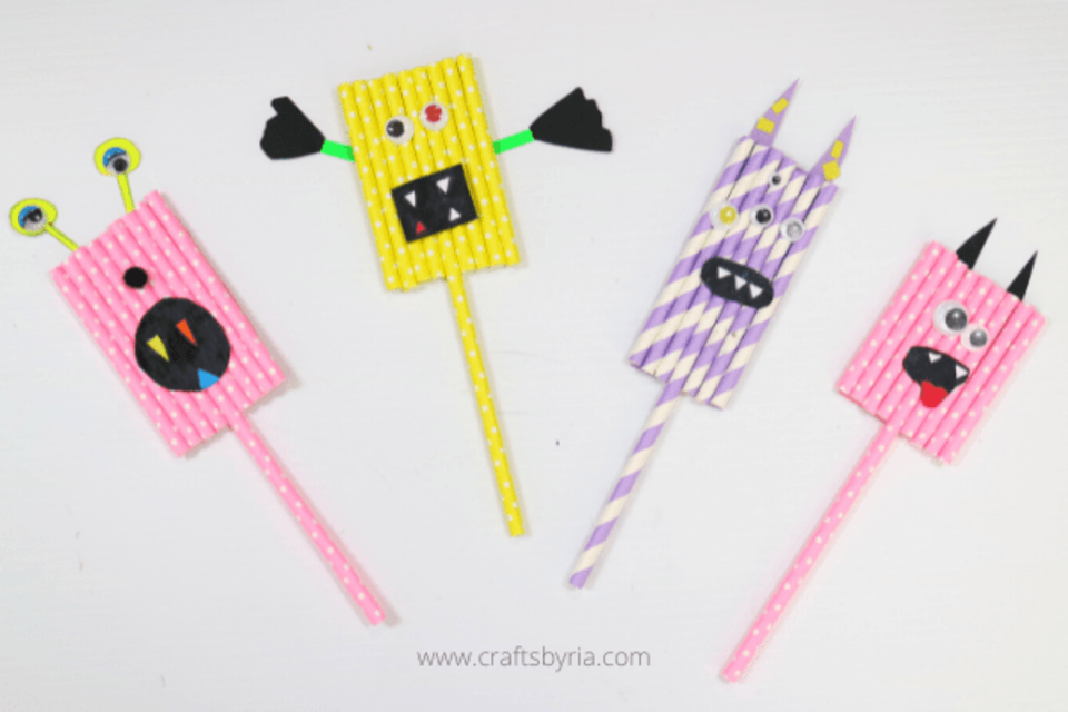 paper straw monsters halloween crafts for kids (Crafts by Ria )