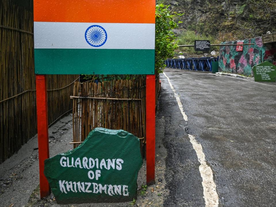 This picture taken on 4 April 2023 shows an Indian border post near the frontier with China in Khinzemane, in India’s Arunachal Pradesh state. - Freshly laid roads, bridges, upgraded military camps, and new civilian infrastructure dot the winding high Himalayan route to the Indian frontier village of Zemithang -- which China renamed last month to press its claim to the area. It is in the far northeastern Indian state of Arunachal Pradesh, almost all of which Beijing insists falls under its sovereignty as 'South Tibet’ (AFP via Getty Images)