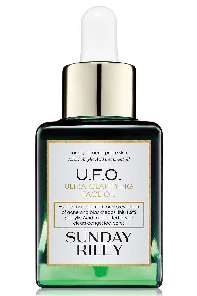 <p>Oil may seem like the last thing you want to add to acne-prone skin, but this blend includes pore-clearing salicylic acid as well as acne busters like tea tree, neem, and black cumin seed oils. </p><p><strong>Sunday Riley</strong> U.F.O. Ultra-Clarifying Face Oil, $80, nordstrom.com. </p><p><a class="link " href="https://go.redirectingat.com?id=74968X1596630&url=http%3A%2F%2Fshop.nordstrom.com%2Fs%2Fspace-nk-apothecary-sunday-riley-u-f-o-ultra-clarifying-face-oil%2F4615821&sref=https%3A%2F%2Fwww.harpersbazaar.com%2Fbeauty%2Fskin-care%2Fg11653081%2Fbest-acne-products%2F" rel="nofollow noopener" target="_blank" data-ylk="slk:SHOP;elm:context_link;itc:0;sec:content-canvas">SHOP</a><br></p>