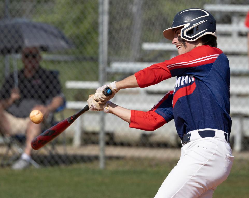 Bozeman senior Brody Langlotz makes contact for the Bucks. Bozeman hosted Wewahitchka in a District baseball playoff game Tuesday, May 3, 2022.