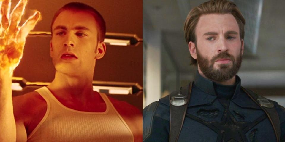On the left: Chris Evans as Johnny Storm/Human Torch in "Fantastic Four." On the right: Evans as Steve Rogers/Captain America in "Avengers: Infinity War."