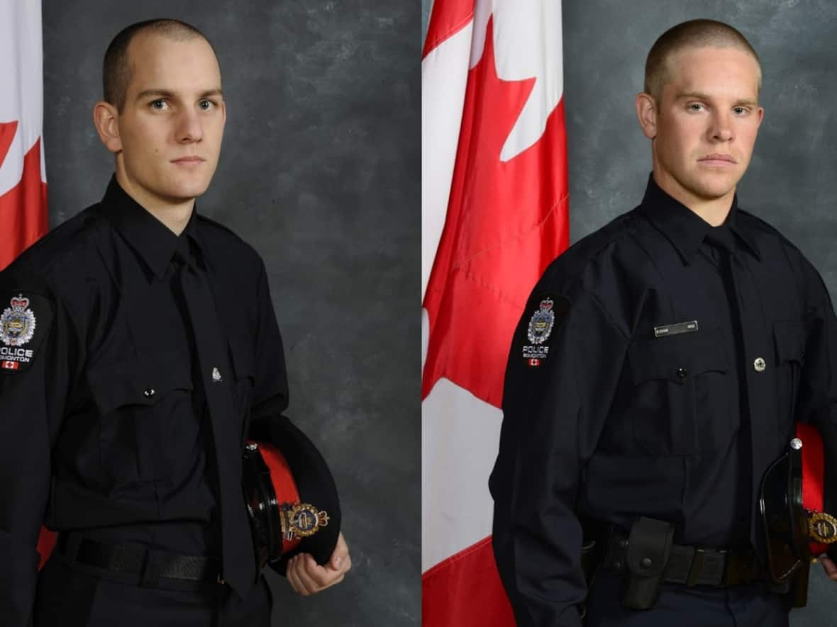 Const. Travis Jordan, 35, left, and Const. Brett Ryan, 30, were killed Thursday morning while responding to a call at an apartment complex in Edmonton. (Edmonton Police Service - image credit)