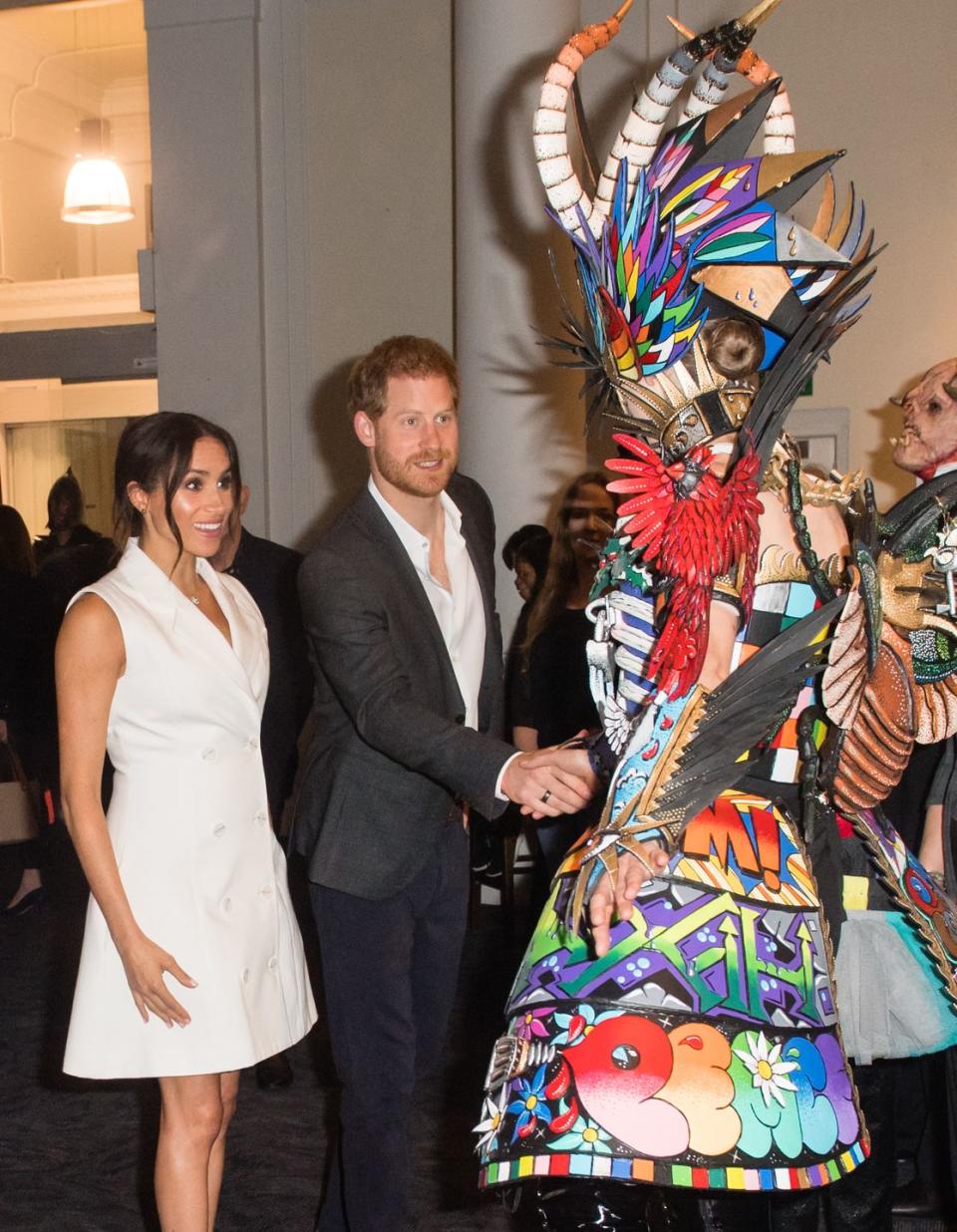 Meghan and Harry greet students and professionals working in the creative arts in Wellington.