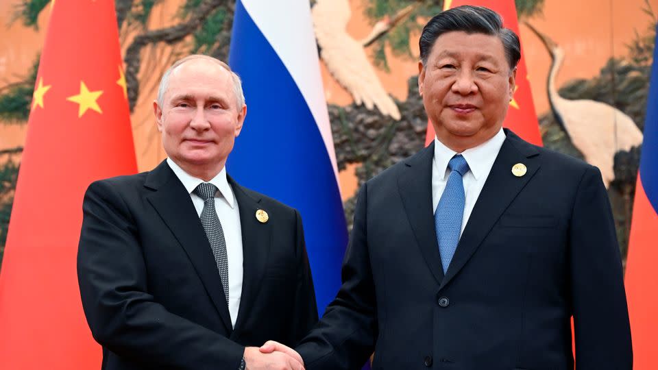 Chinese President Xi Jinping, right, and Russian President Vladimir Putin pose for a photo prior to their talks on the sidelines of the Belt and Road Forum in Beijing, China, on Wednesday, Oct. 18, 2023. - Sergei Guneyev/AP