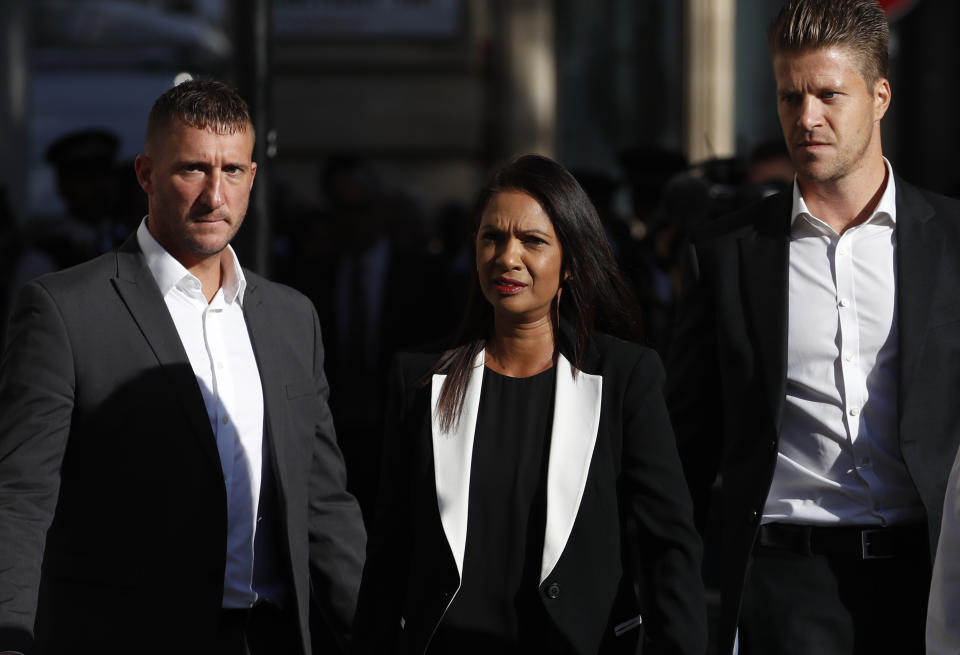 Ant-Brexit campaigner Gina Miller arrives at the Supreme Court in London, Wednesday, Sept. 18, 2019. The Supreme Court is set to decide whether Prime Minister Boris Johnson broke the law when he suspended Parliament on Sept. 9, sending lawmakers home until Oct. 14 — just over two weeks before the U.K. is due to leave the European Union. (AP Photo/Alastair Grant)