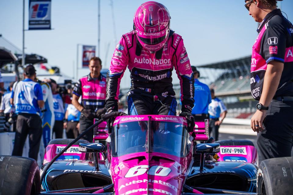 Meyer Shank Racing driver Simon Pagenaud (60) sits down into his car Friday, May 13, 2022, prior to the first practice session for the GMR Grand Prix at Indianapolis Motor Speedway.