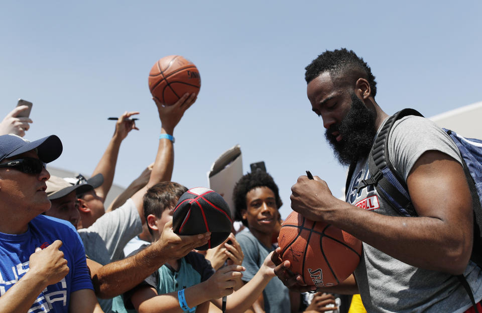 James Harden played Sunday in the Drew League and helped lead his team to a big win. (AP Photo)