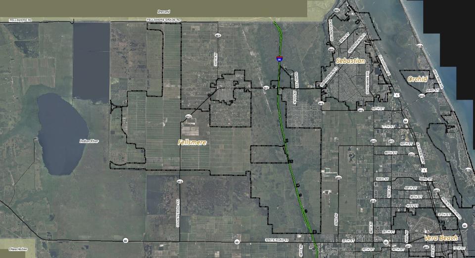 The city of Fellsmere has expanded from 6 square miles in 2005 to 55 square miles in 2019 under the leadership of City Manager Jason Nunemaker. The Fellsmere city limits are inside the outer black lines straddling and west of Interstate 95. Nunemaker said he had hoped before he left for a job in Plantation May 10, 2019, to annex the parcels on State Road 60 on both sides of Interstate 95 (bottom right) and the rectangle just west of 53rd Street at I-95, known as the Sand Lakes Conservation Area.