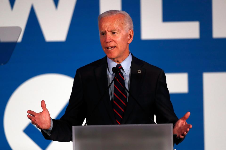 FILE - In this June 6, 2019, file photo, Democratic presidential candidate former Vice President Joe Biden speaks in Atlanta. As Democratic presidential hopefuls prepare for their first 2020 primary debate this week, 77 medical and public health groups aligned on Monday, June 24, to push for a series of consensus commitments to combat climate change _ bluntly defined by the organizations as â€œa health emergency.â€ (AP Photo/John Bazemore)