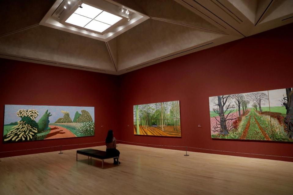 A Tate representative poses for photographs in a room showing David Hockney's Yorkshire Wolds series of paintings, during a photocall to promote the largest-ever retrospective of his work at Tate Britain gallery in London, Monday, Feb. 6, 2017. The exhibition, which opens to the public from February 9 and runs until May 29, celebrates the 79-year-old's achievement in painting, drawing, photography and video. (AP Photo/Matt Dunham)