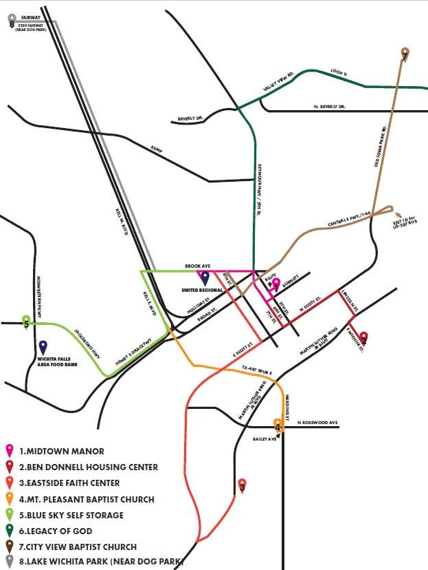 Locations for the Wichita Falls Area Food Bank mobile pantry sites.