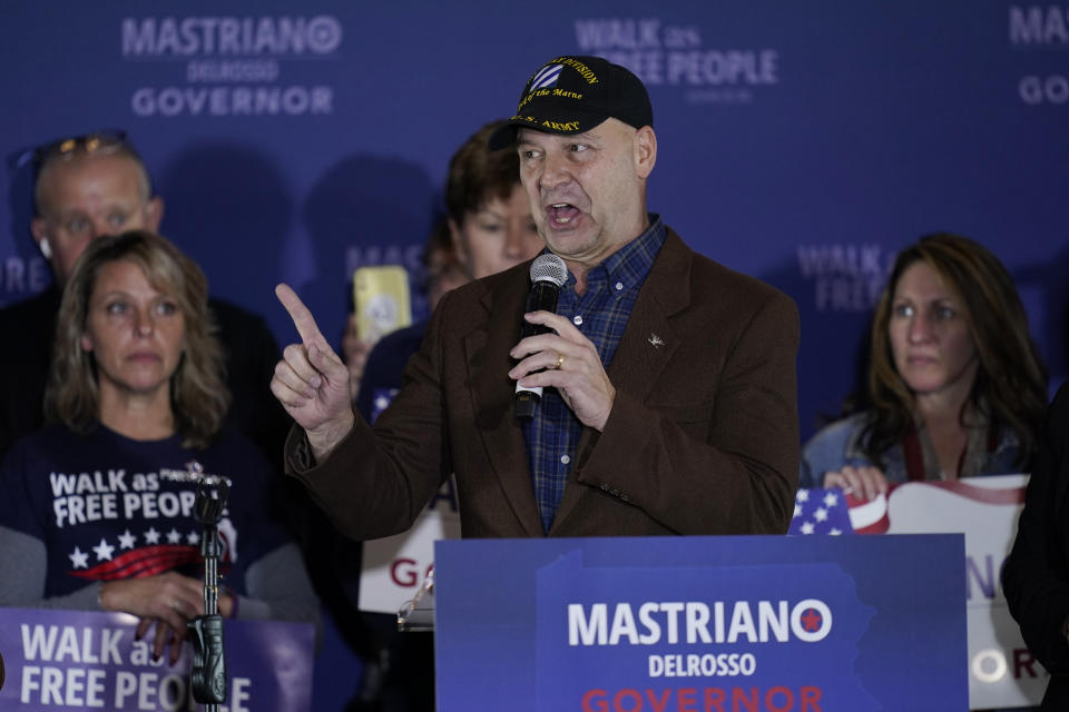 Pennsylvania Republican gubernatorial candidate Doug Mastriano speaks during his election night campaign gathering at the Penn Harris Hotel in Camp Hill, Pa., Tuesday, Nov. 8, 2022. Democrat Josh Shapiro won the race for governor of Pennsylvania. (AP Photo/Carolyn Kaster)