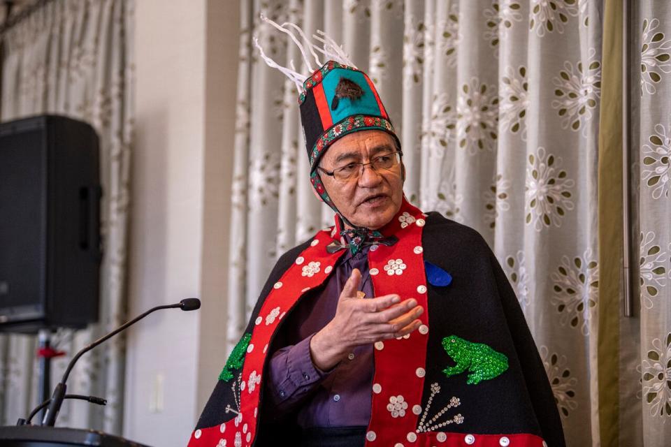 Chief Na’Moks, Hereditary Chief of Wet’suwet’en, speaks following the Royal Bank of Canada’s Annual General Meeting at the Delta Bessborough hotel in Saskatoon on Wednesday, April 5, 2023.