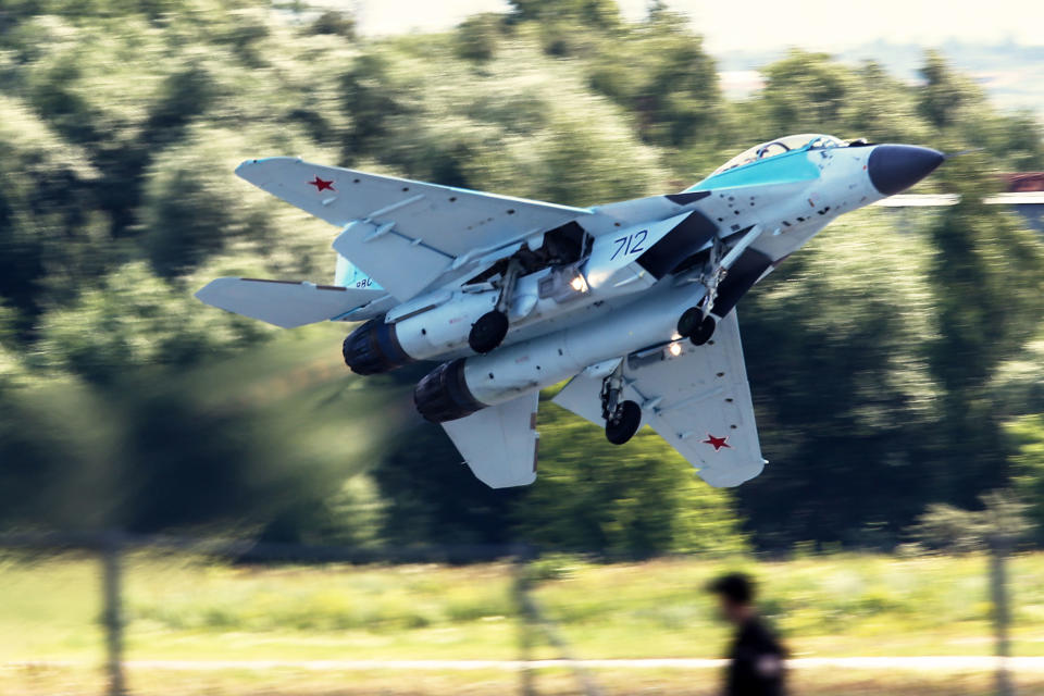 <p>A Mikoyan MiG-35 multirole fighter aircraft in flight at the MAKS-2017 International Aviation and Space Salon in Zhukovsky, Moscow Region, Russia, July 18, 2017. (Photo: Sergei Bobylev/TASS via Getty Images) </p>