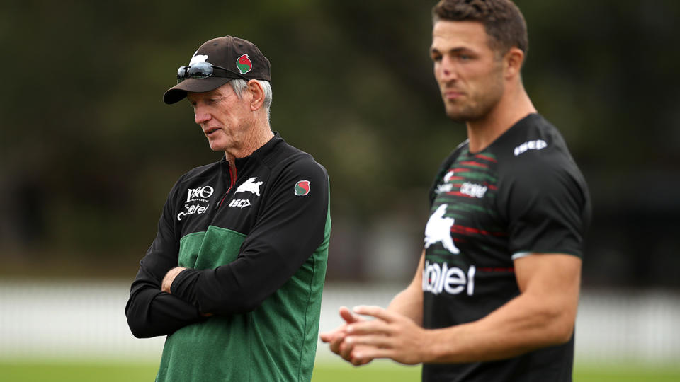 Wayne Bennett and Sam Burgess, pictured here at a South Sydney training session in 2019.