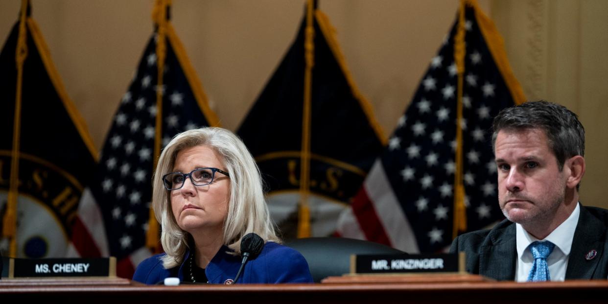 Republican Reps. Liz Cheney of Wyoming and Adam Kinzinger of Illinois at a meeting of the House Select Committee to Investigate January 6th on October 19, 2021.