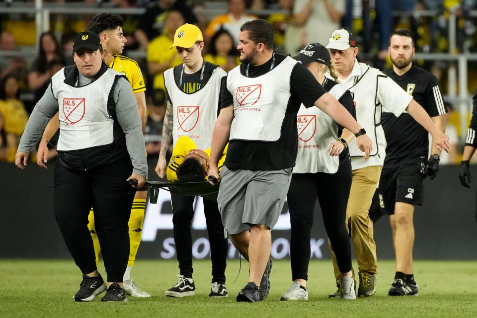 April 27, 2024;  Columbus, Ohio, USA;  Columbus Crew defender Mohamed Farsi (23) was carted off the field during the second half of the MLS match against CF Montreal at Lower.com Field.  The teams tied 0-0.