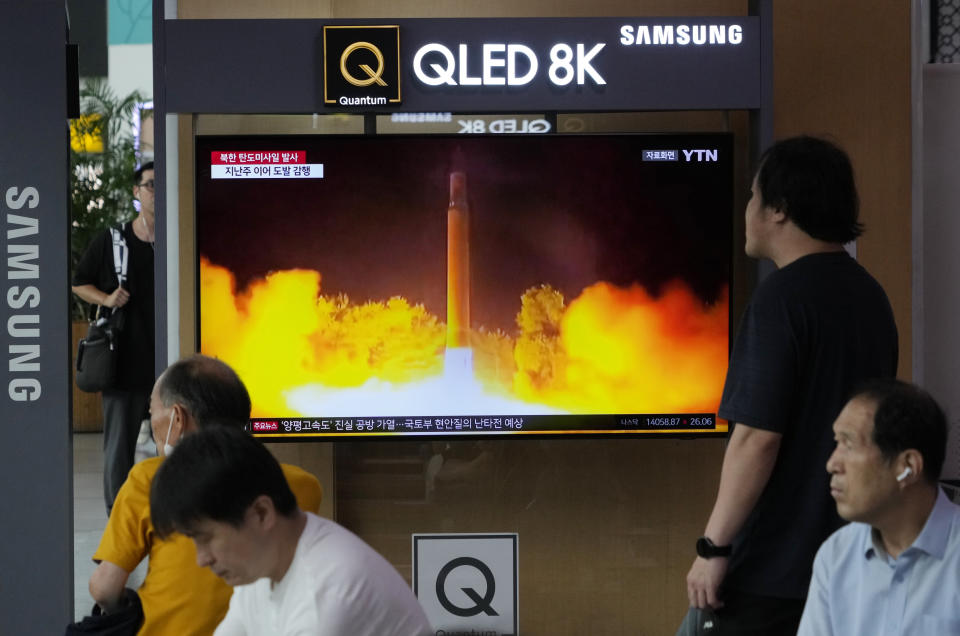 A TV screen shows a file image of North Korea's missile launch during a news program at the Seoul Railway Station in Seoul, South Korea, Tuesday, July 25, 2023. North Korea fired two short-range ballistic missiles into its eastern sea, South Korea's military said Tuesday, adding to a recent streak in weapons testing that is apparently in protest of the U.S. sending major naval assets to South Korea in a show of force. (AP Photo/Ahn Young-joon)