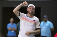 Tommy Paul of the U.S. celebrates after defeating compatriot Ben Shelton in their quarterfinal match at the Australian Open tennis championship in Melbourne, Australia, Wednesday, Jan. 25, 2023. (AP Photo/Aaron Favila)
