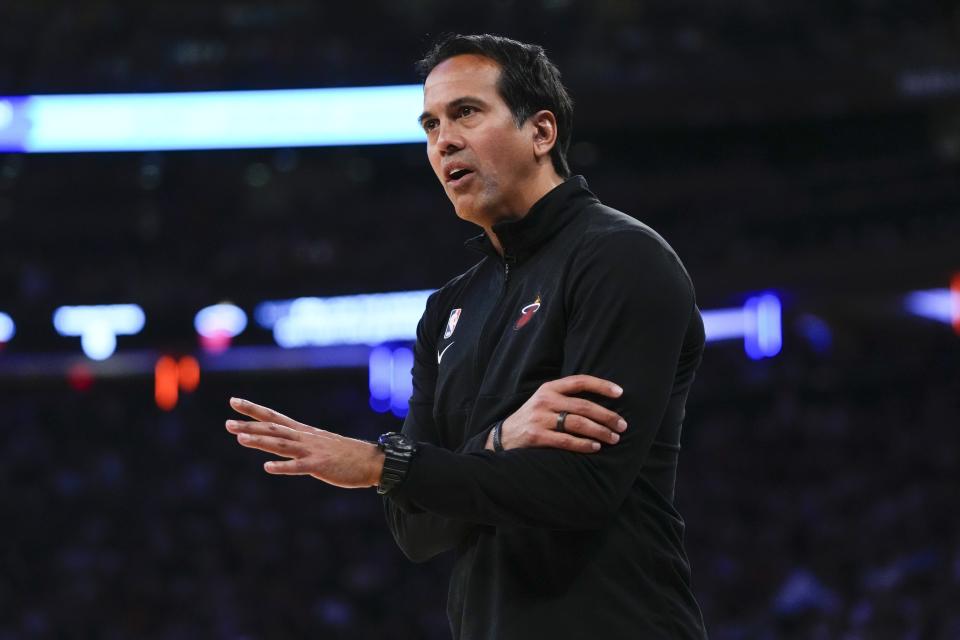 Miami Heat coach Erik Spoelstra argues a call during the first half of Game 5 of the team's NBA basketball Eastern Conference playoffs semifinal against the New York Knicks on Wednesday, May 10, 2023, in New York. (AP Photo/Frank Franklin II)