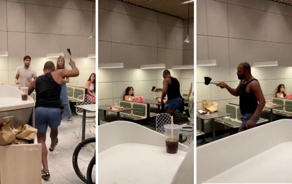 Screenshots from a video which show an axe-wielding rampage at a McDonald's restaurant in New York City