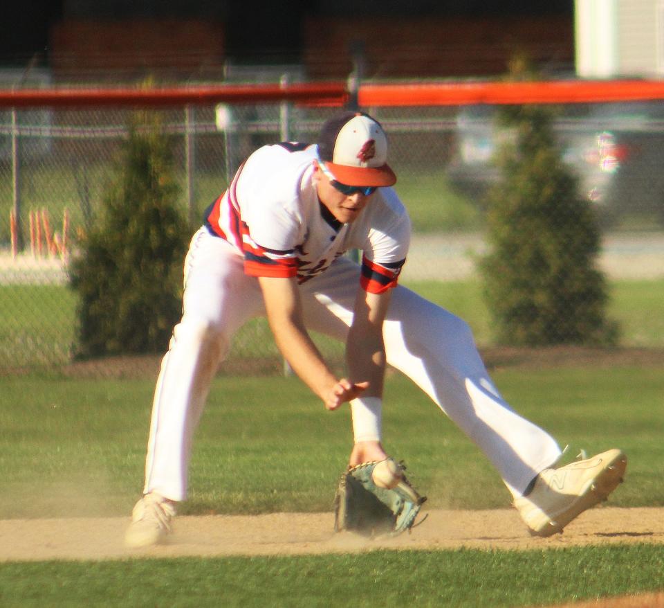 Shortstop Henry Brummel scoops up a  grounder for Pontiac in its 4-3 Illini Prairie Conference win over Paxton-Buckley-Loda Thursday.