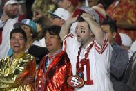 A San Francisco 49ers fan reacts during the second half of the NFL Super Bowl 54 football game between the 49ers and the Kansas City ChiefsSunday, Feb. 2, 2020, in Miami Gardens, Fla. (AP Photo/Mark J. Terrill)