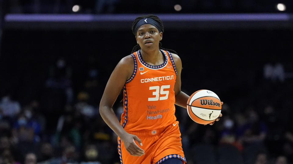 Jonquel Jones as a member of the Connecticut Sun reached at least the second round of the postseason six times, but never won a WNBA title. (AP Photo/Ashley Landis)