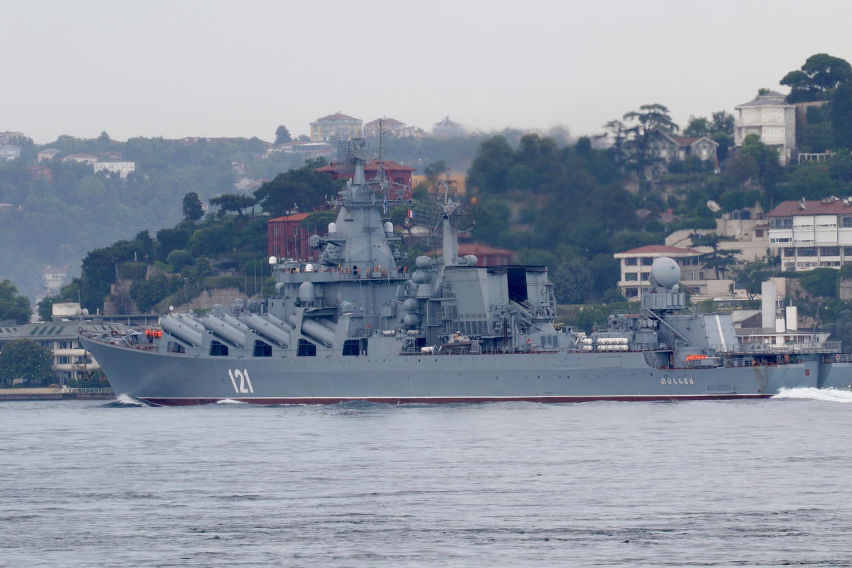 The Russian missile cruiser Moskva sails through the Bosphorus.