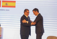Morocco Prime Minister Aziz Akhannouch greets Spanish Prime Minister Pedro Sanchez as they attend the Moroccan Spanish Forum in Rabat, Morocco, Wednesday, Feb. 1, 2023. Sanchez is on a two-day visit to Morocco for the Moroccan-Spanish Economic Forum. (AP Photo)