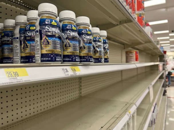 PHOTO: Bottles of Similac baby formula are seen at empty baby formula section shelves at a store due to shortage in the availability of baby formula, on May 17, 2022, in New Jersey. (Anadolu Agency via Getty Images, FILE)