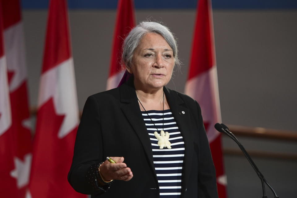 Mary Simon speaks during an announcement at the Canadian Museum of History in Gatineau, Que., on Tuesday, July 6, 2021. Simon, an Inuk leader and former Canadian diplomat, has been named as Canada's next governor general — the first Indigenous person to serve in the role. (Sean Kilpatrick/The Canadian Press via AP)