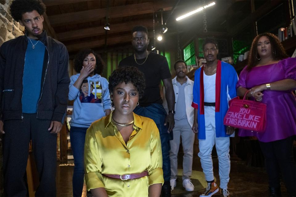 Melvin Gregg as King, Grace Byers as Allison, Antoinette Robertson as Lisa, Sinqua Walls as Nnamdi, Jermaine Fowler as Clifton, Dewayne Perkins as Dewayne, and Xochitl Mayo as Shanika in The Blackening. Photo Credit: Glen Wilson