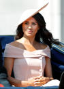 <p>Meghan Markle wears a blush off-the-shoulder dress by Carolina Herrera to the Trooping the Colour ceremony celebrating Queen Elizabeth recently. (Photo: Getty Images) </p>