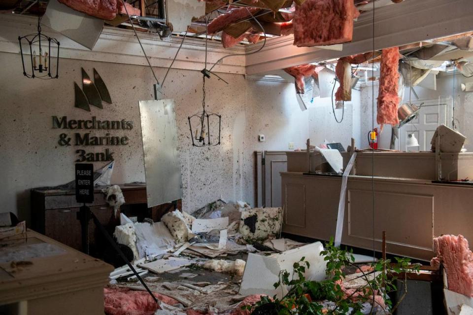 The damage inside of Merchants and Marine Bank in Moss Point on Tuesday, June 20, 2023, after a tornado damaged the building on Monday, trapping workers inside the building.