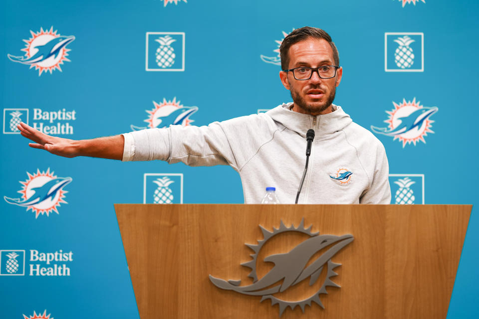 MIAMI GARDENS, FLORIDA - AUGUST 09: Head coach Mike McDaniel of the Miami Dolphins speaks to the media prior to training camp practice with the Atlanta Falcons at Baptist Health Training Complex on August 09, 2023 in Miami Gardens, Florida. (Photo by Megan Briggs/Getty Images)