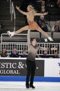 Alexa Knierim, top, and Brandon Frazier perform during the pairs free skate at the U.S. figure skating championships in San Jose, Calif., Saturday, Jan. 28, 2023. (AP Photo/Tony Avelar)