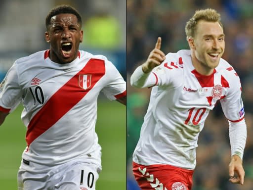 (COMBO) This combination of pictures created on June 14, 2018 shows Peru's Jefferson Farfan (L) in Lima, Peru, on November 15, 2017, and Denmark's midfielder Christian Eriksen (R) in Dublin on November 14, 2017. Denmark, in Group C, open their World Cup against Peru in Saransk on June 16 before facing Australia and France