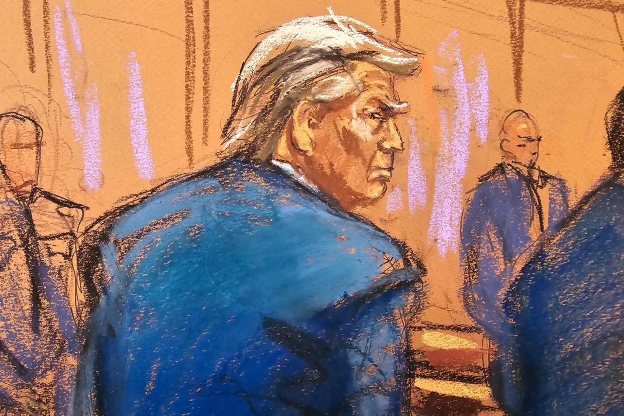 <span>Trump enters the courtroom in New York City on 15 April 2024 in this courtroom sketch.</span><span>Photograph: Jane Rosenberg/Reuters</span>