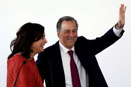 Institutional Revolutionary Party (PRI) candidate Jose Antonio Meade holds hands with his wife Juana Cuevas after registering as presidential candidate at the National Electoral Institute (INE) in Mexico City, Mexico March 18, 2018. REUTERS/Edgard Garrido