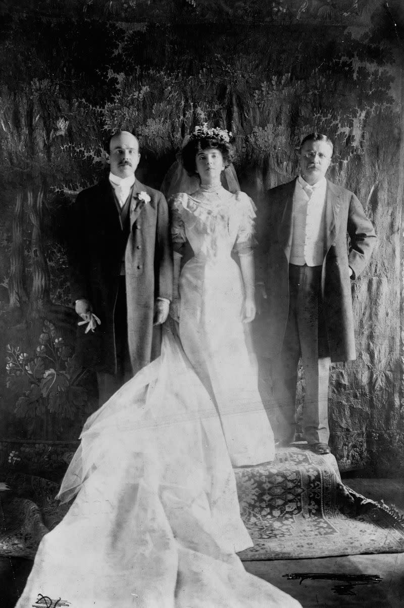 <p> When the time came for President Theodore Roosevelt&apos;s daughter, Alice, to get married, she was courted by the political set, naturally. The first daughter married congressman Nicholas Longworth in 1906, wearing a classic Edwardian wedding dress with a high neck, ruffled neckline, and cinched waist. </p>