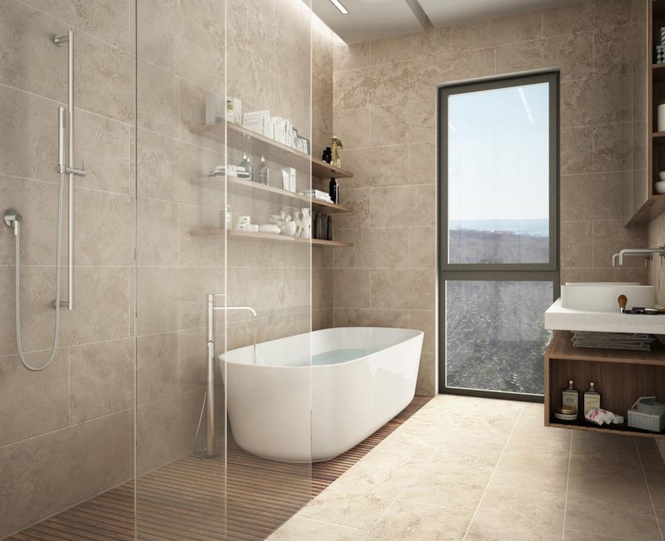 modern bathroom with travertine tile
