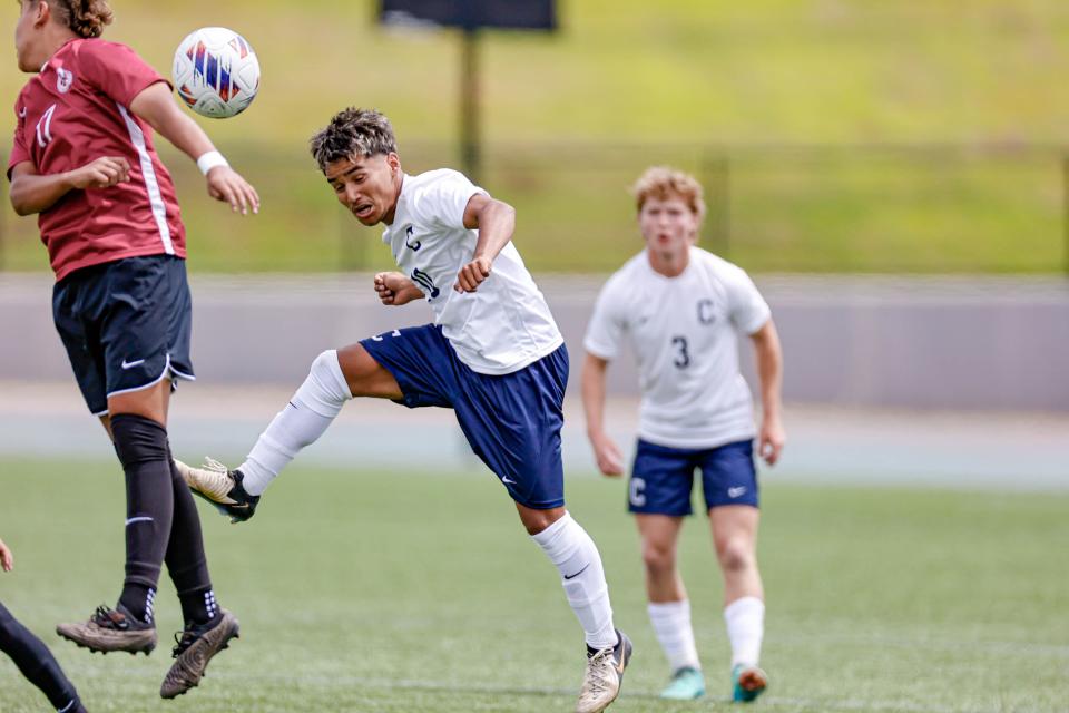 Casady’s Eddy Parra (10) heads the ball during the Class 3A boys state championship soccer game between Crooked Oak and Casady at Taft Stadium in Oklahoma City, on Saturday, May 11, 2024.