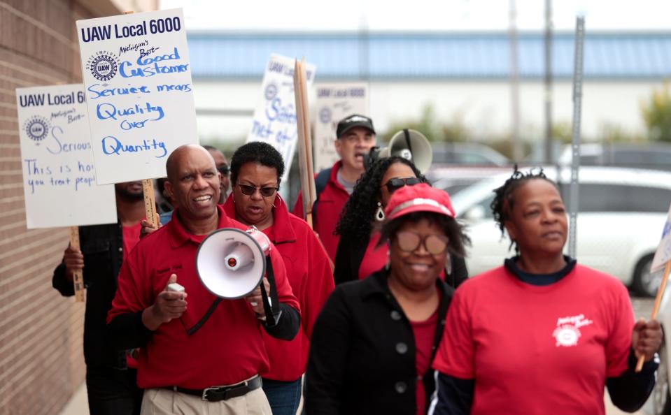 Over forty Michigan Department of Health & Human Services workers picketed in front of the DHHS office on Conner Avenue in Detroit on Wednesday, September 27, 2023. They were participating in an Informational Picket to bring more attention to their caseloads that are out of control and workers being overworked.