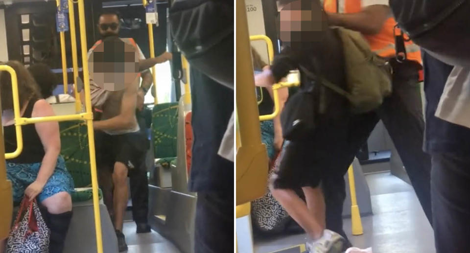 A tram operator removes teenage boys from a carriage in Melbourne.