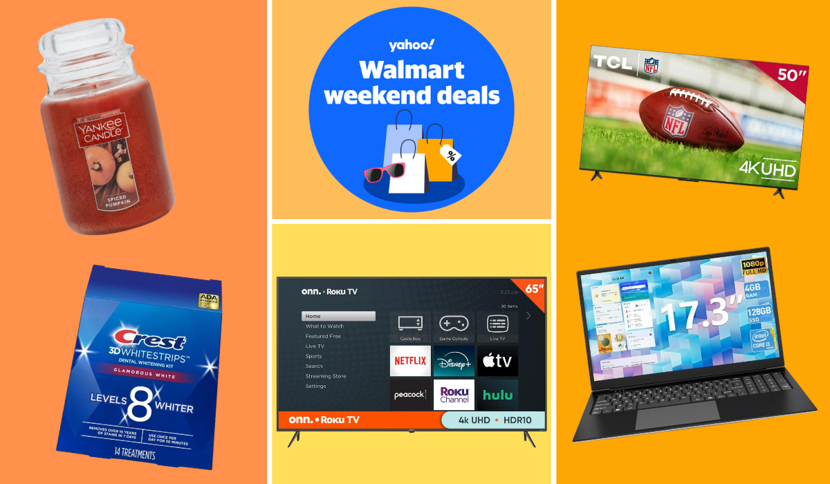 Yankee Candle Spiced Pumpkin jar candle, Crest whitestrips, Onn TV, TCL TV, Sgin laptop beside badge reading Yahoo! Walmart weekend deals