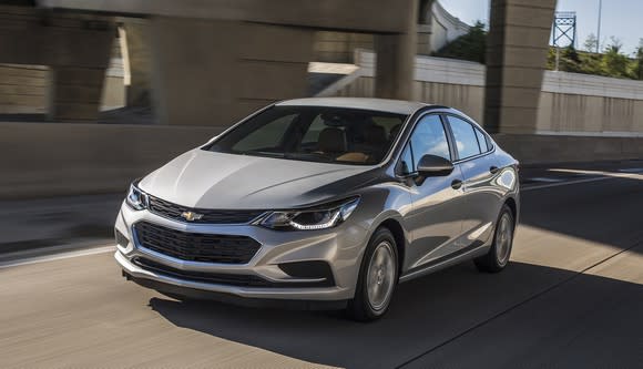 A silver 2017 Chevrolet Cruze compact sedan.